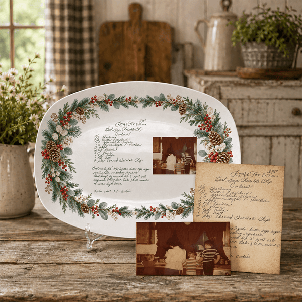 Handwritten Recipe Platter with Evergreen Pinecone & Berry Border