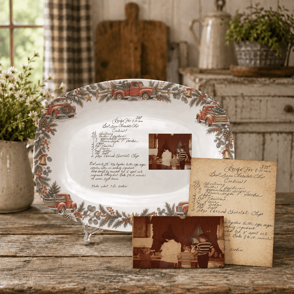 Handwritten Recipe Platter with Vintage Red Truck and Wreath Border