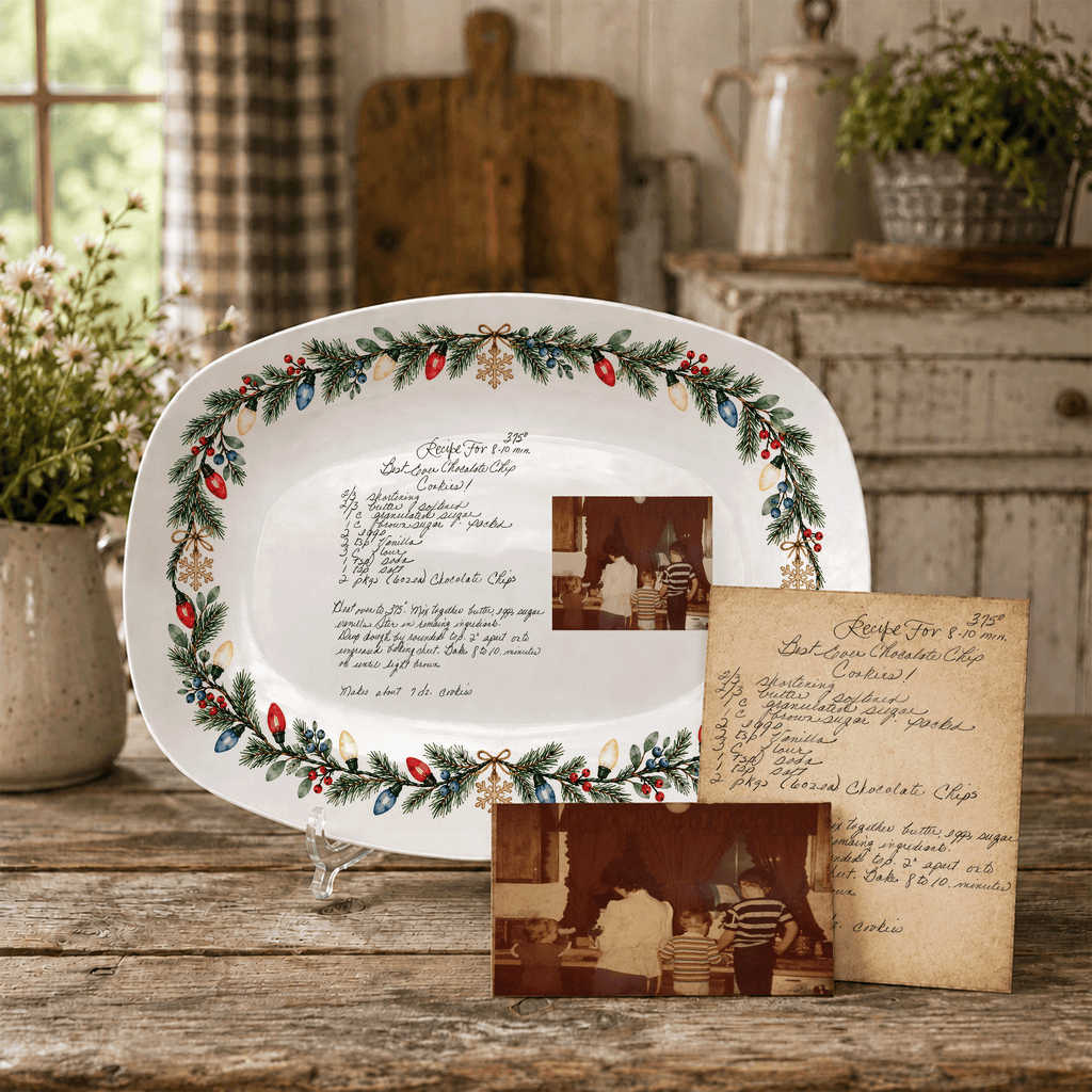 Handwritten Recipe Platter with Christmas Lights Border