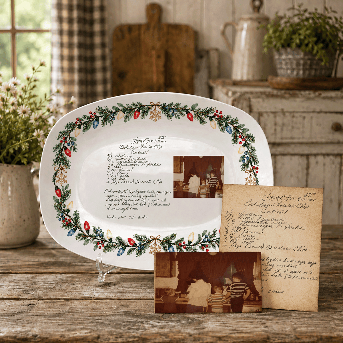 Handwritten Recipe Platter with Christmas Lights Border