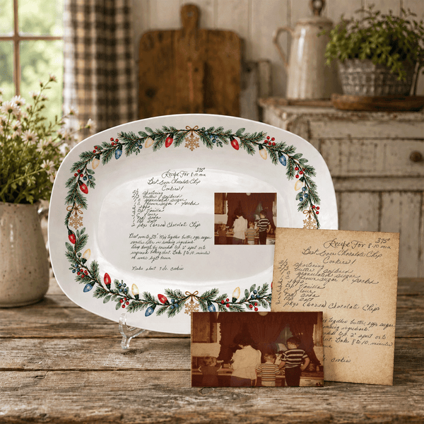 Handwritten Recipe Platter with Christmas Lights Border