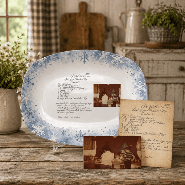 Handwritten Recipe Platter with Blue Snowflake Border