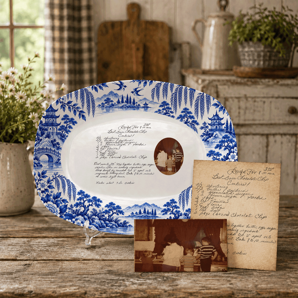 Handwritten Recipe Platter with Antique Blue Willow Border