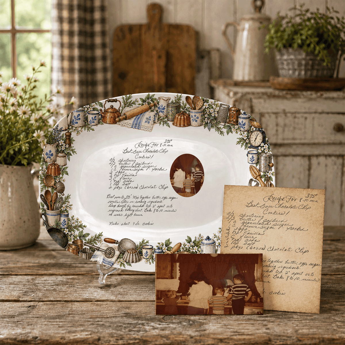 Handwritten Recipe Platter with Vintage Kitchen Item Border