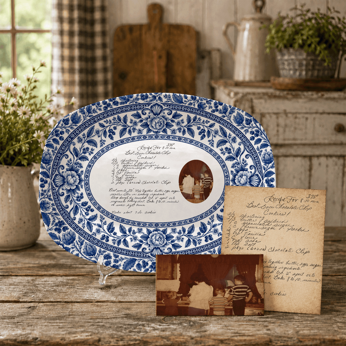Handwritten Recipe Platter with Blue Antique Botanical Border
