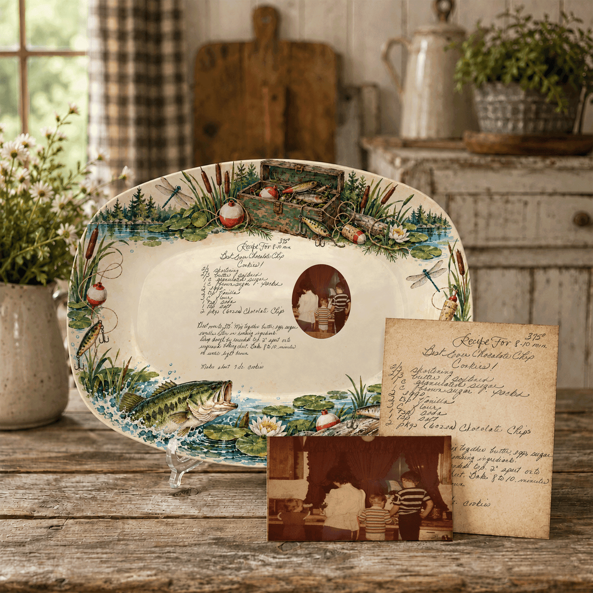 Handwritten Recipe Platter with Fishing Border
