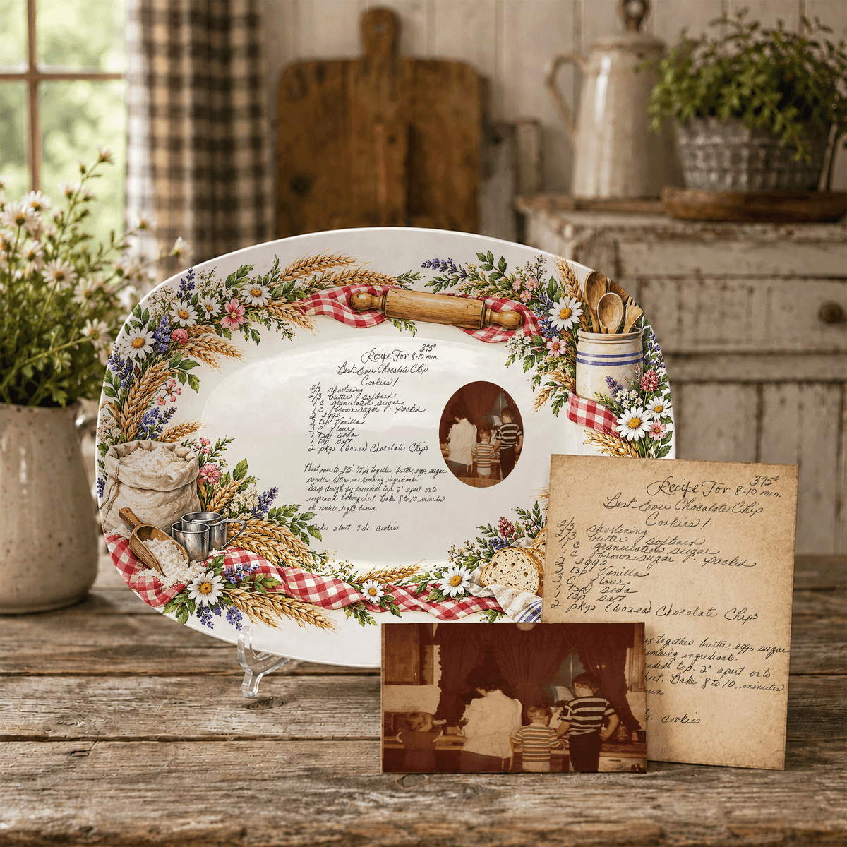 Handwritten Recipe Platter with Bread and Wildflower Border