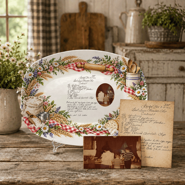 Handwritten Recipe Platter with Bread and Wildflower Border