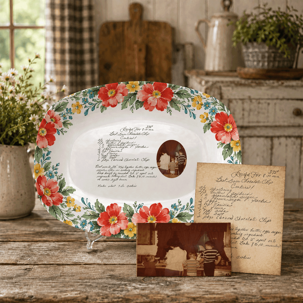 Handwritten Recipe Platter with Red and Teal Watercolor Flower Border
