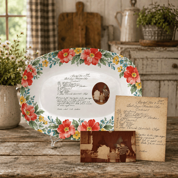 Handwritten Recipe Platter with Red and Teal Watercolor Flower Border