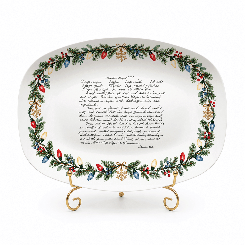 Handwritten Recipe Platter with Christmas Lights Border