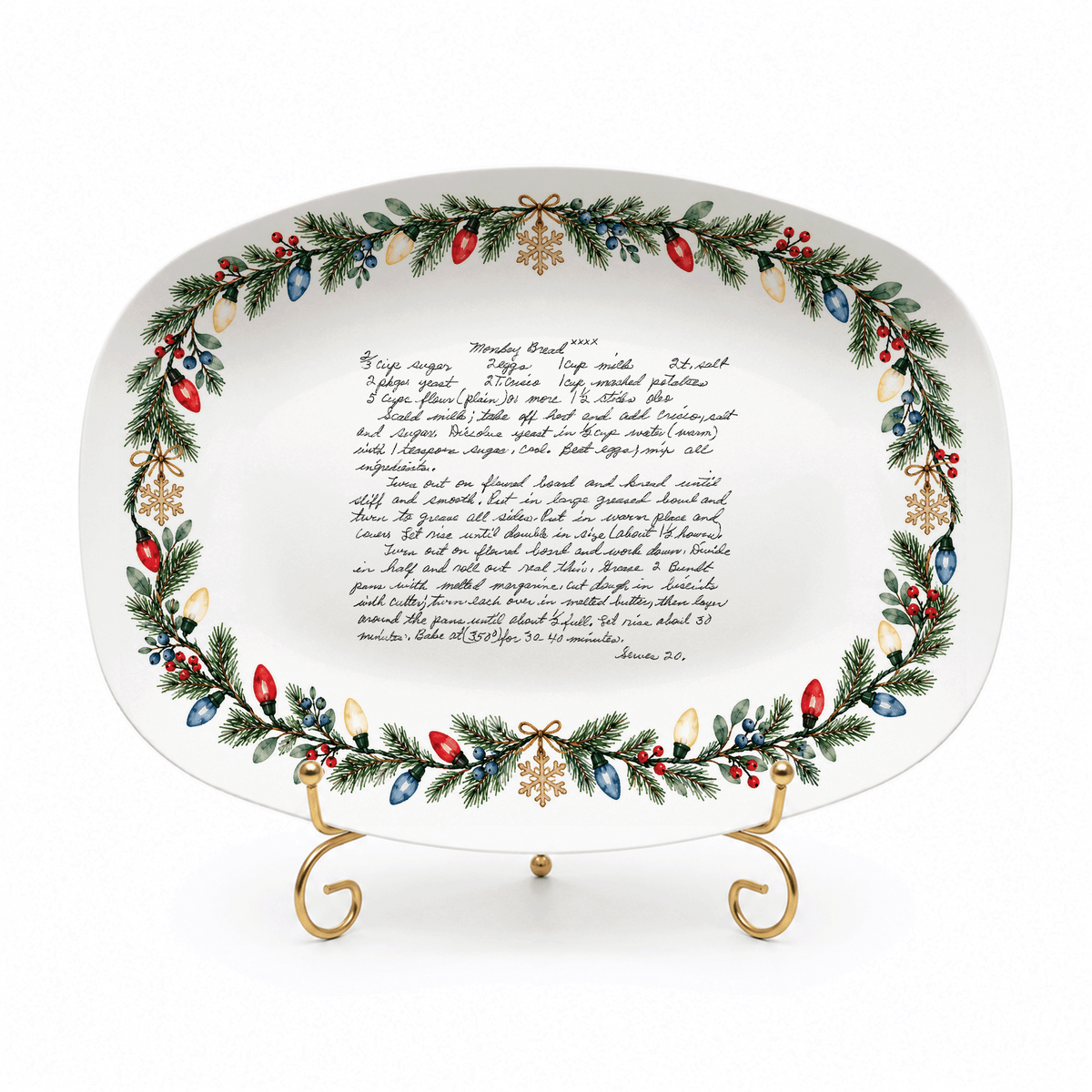 Handwritten Recipe Platter with Christmas Lights Border