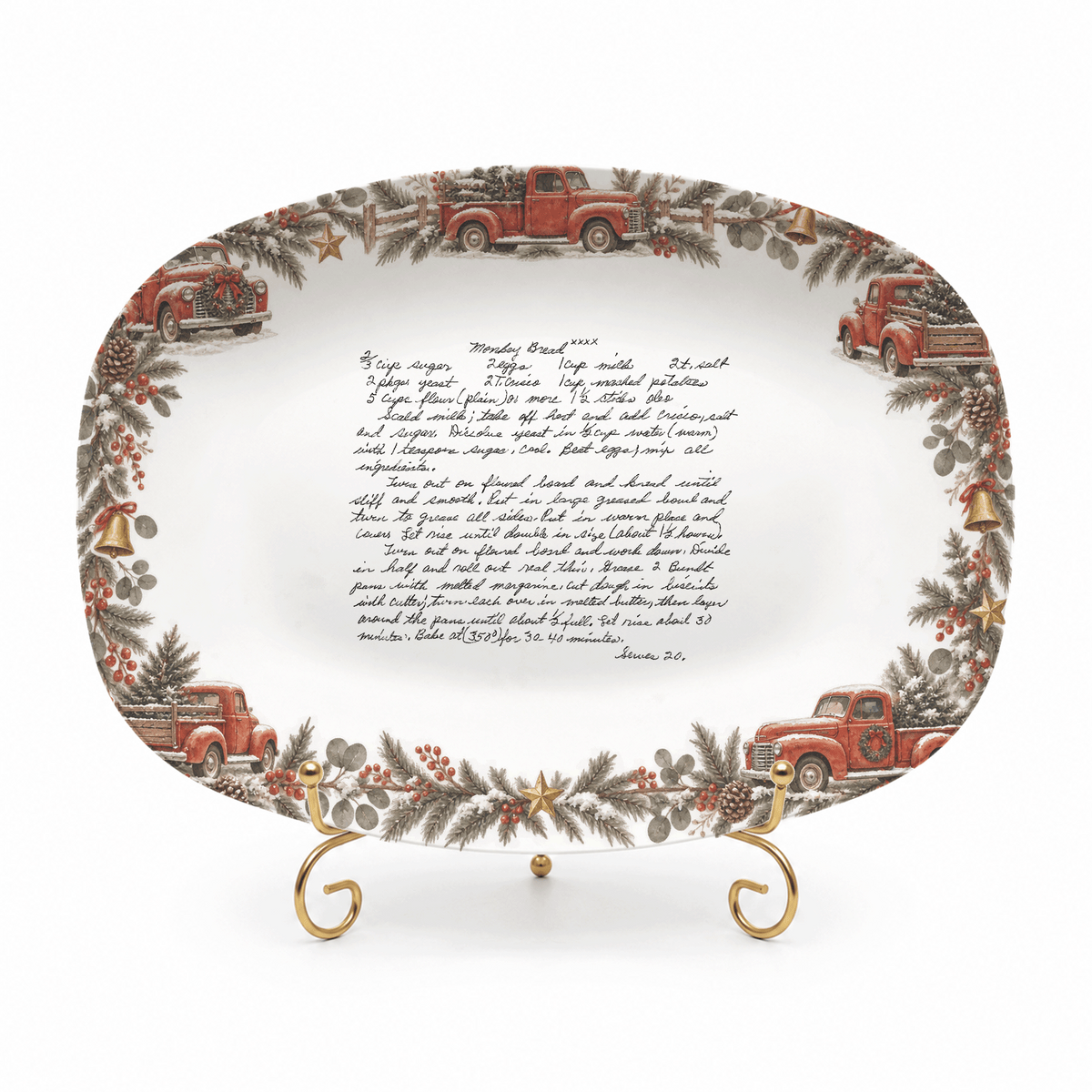 Handwritten Recipe Platter with Vintage Red Truck and Wreath Border