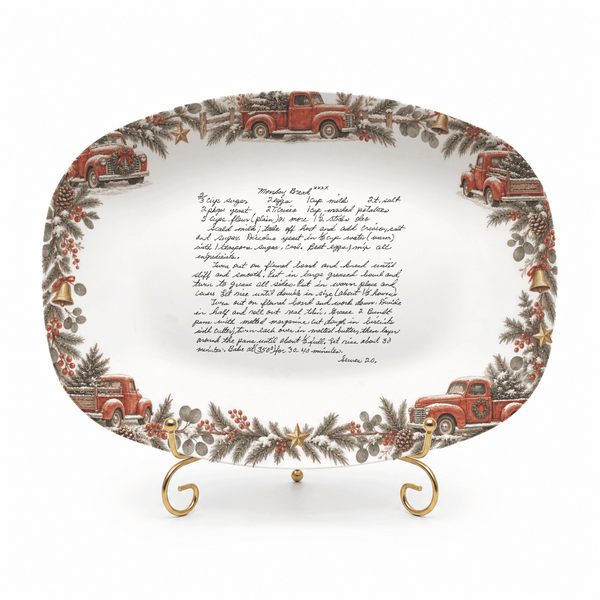 Handwritten Recipe Platter with Vintage Red Truck and Wreath Border