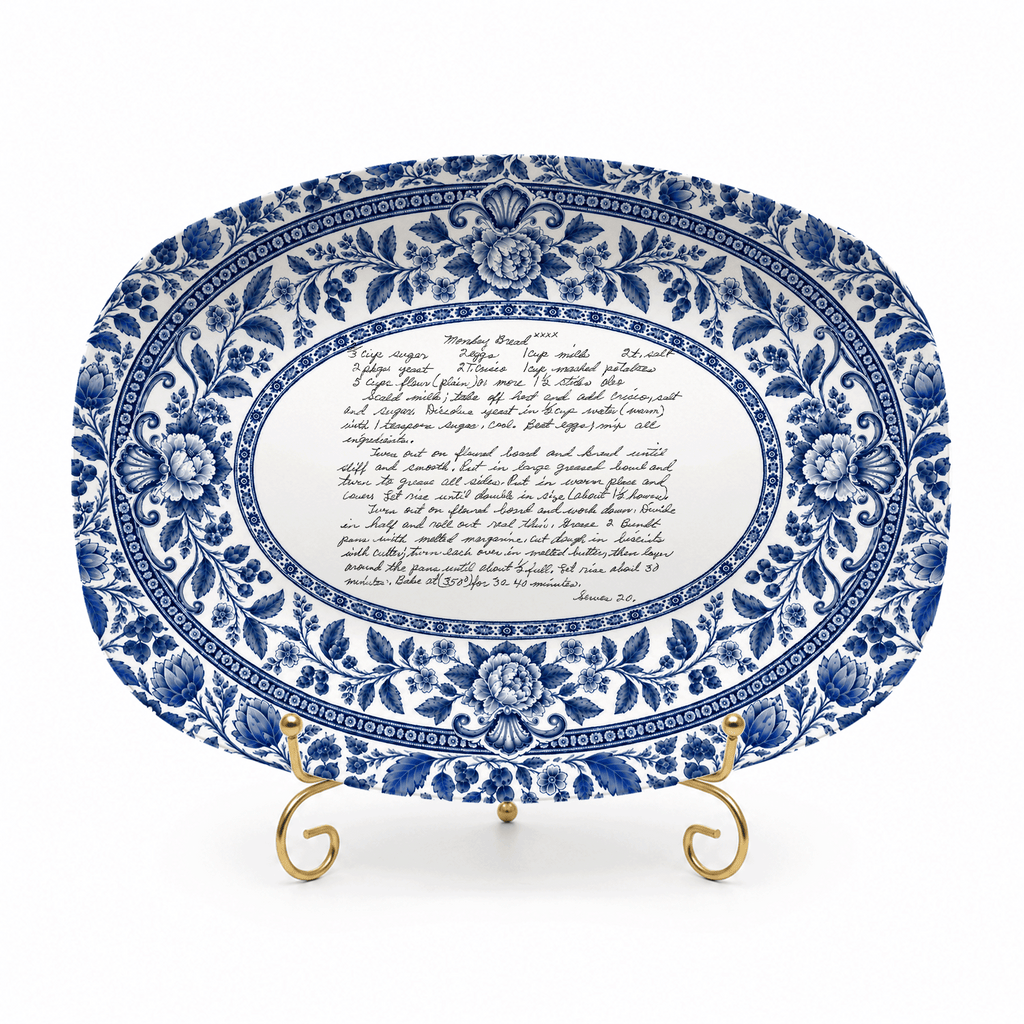 Handwritten Recipe Platter with Blue Antique Botanical Border