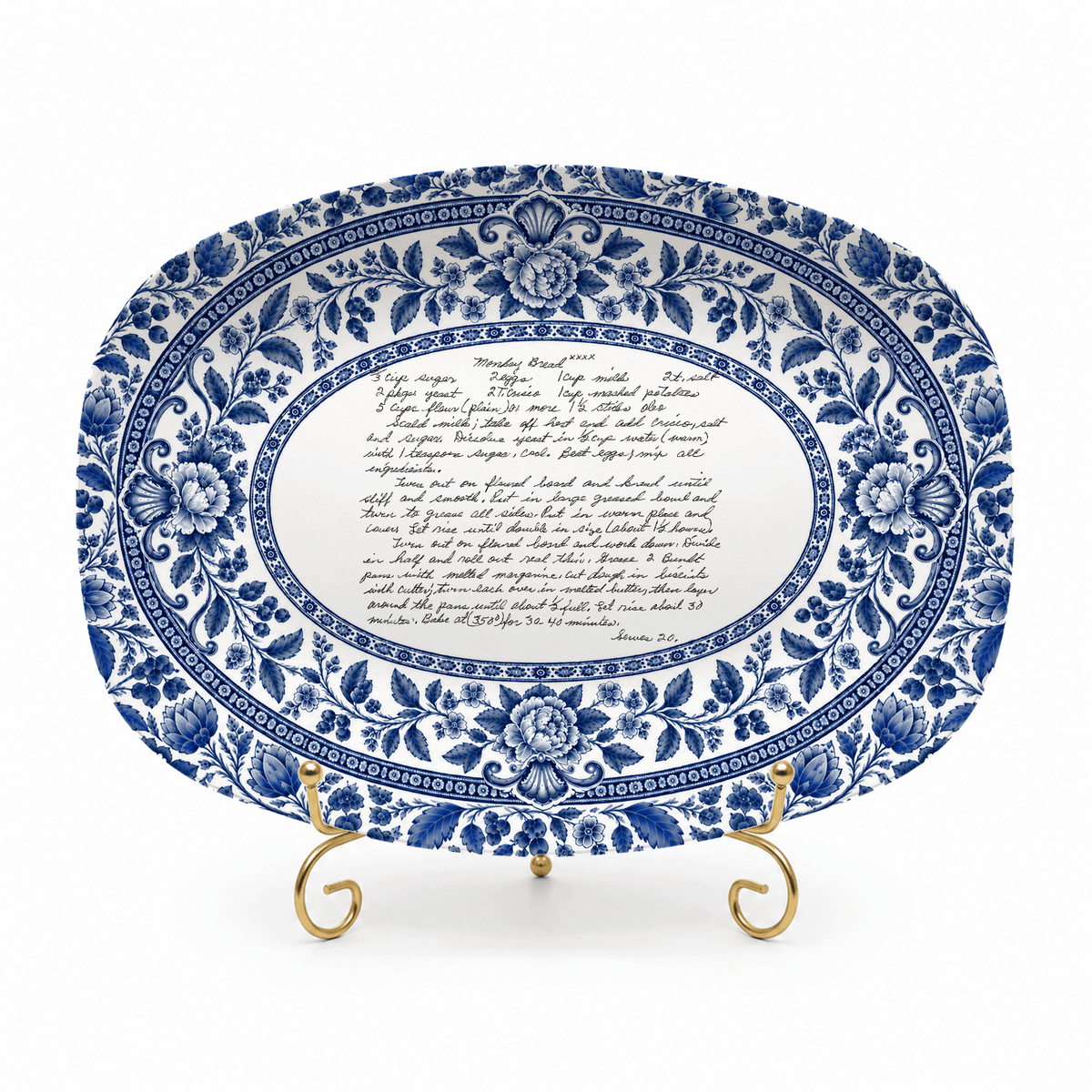 Handwritten Recipe Platter with Blue Antique Botanical Border