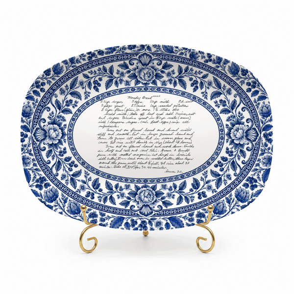 Handwritten Recipe Platter with Blue Antique Botanical Border