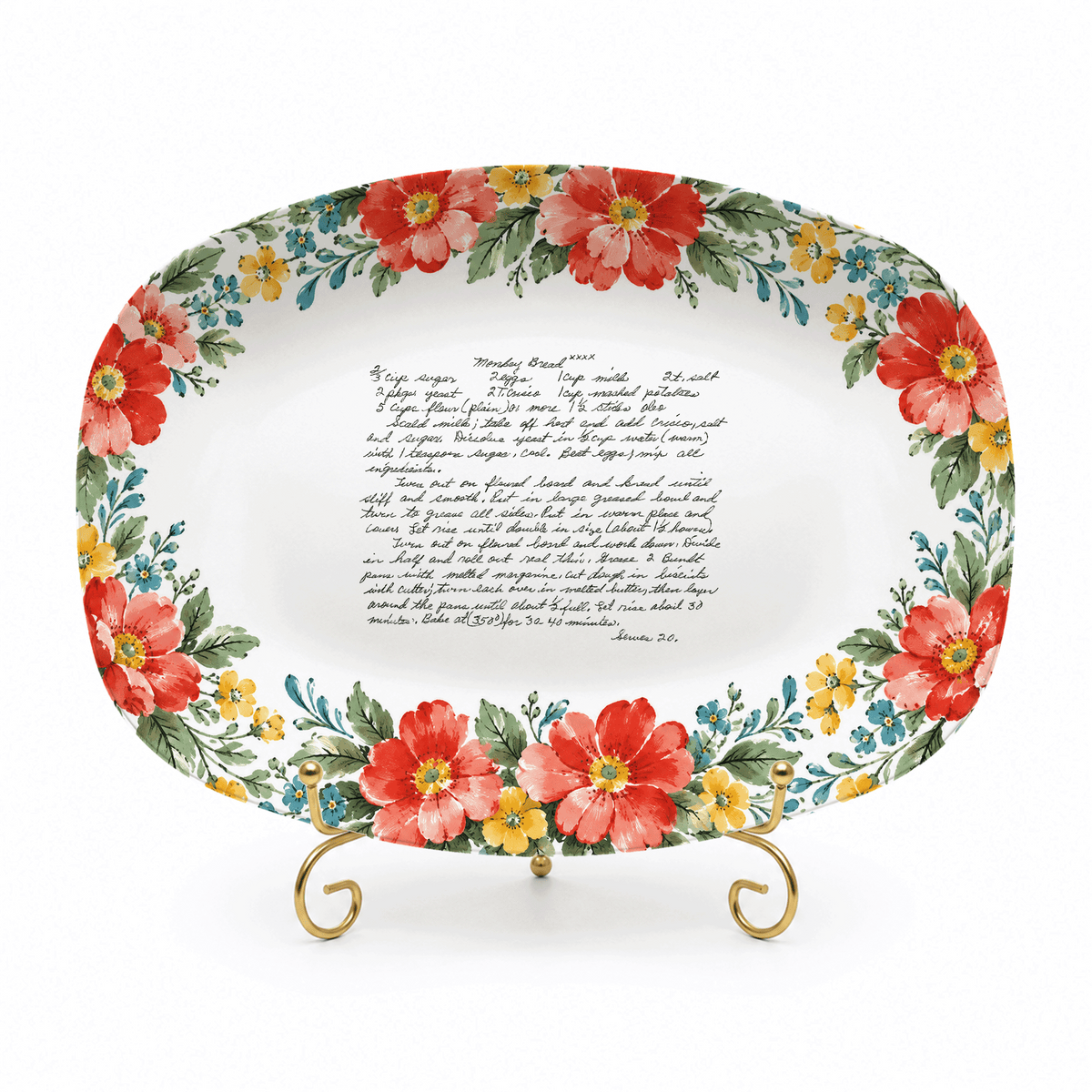 Handwritten Recipe Platter with Red and Teal Watercolor Flower Border