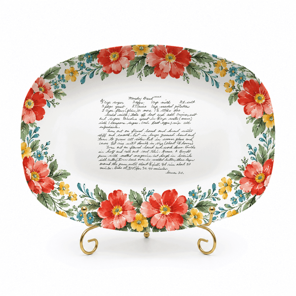 Handwritten Recipe Platter with Red and Teal Watercolor Flower Border