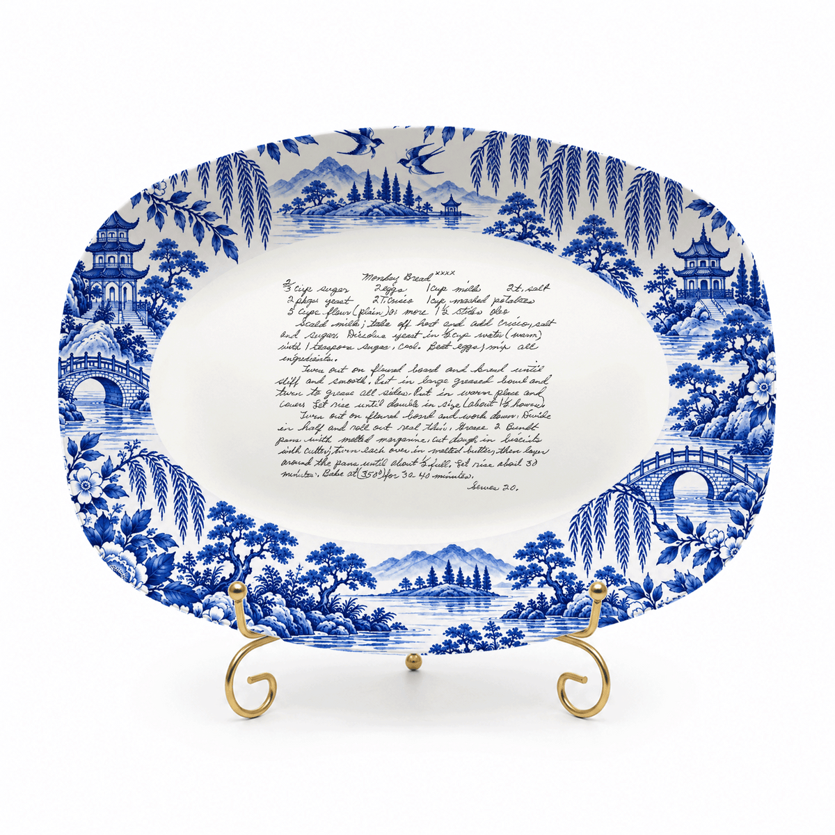 Handwritten Recipe Platter with Antique Blue Willow Border