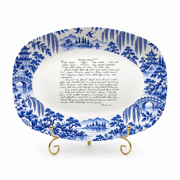 Handwritten Recipe Platter with Antique Blue Willow Border