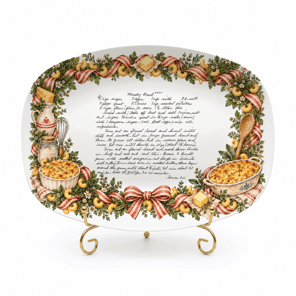Handwritten Recipe Platter with Macaroni and Cheese Border