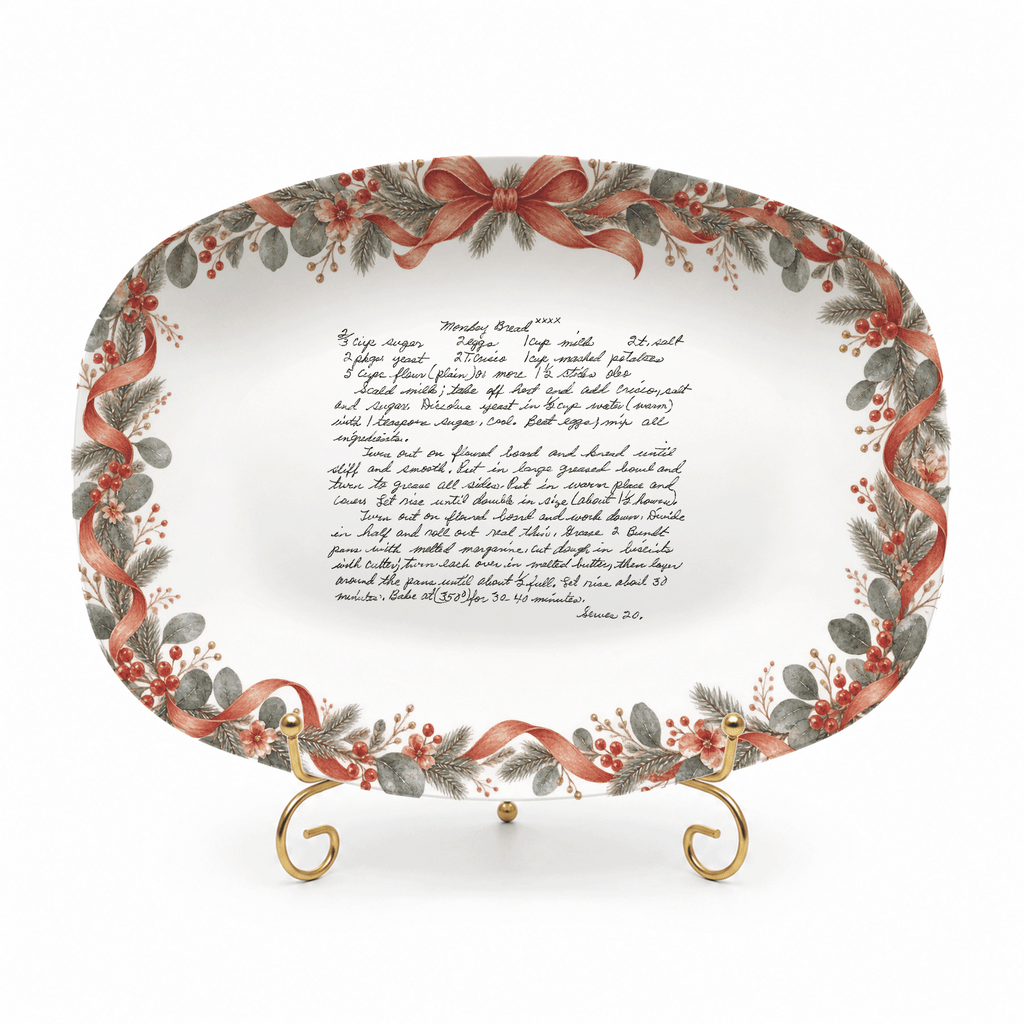 Handwritten Recipe Platter with Antique Red Bow Wreath Border