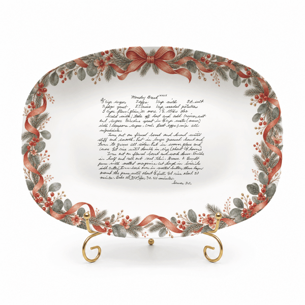 Handwritten Recipe Platter with Antique Red Bow Wreath Border