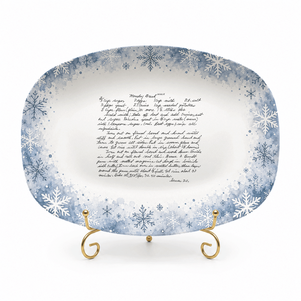 Handwritten Recipe Platter with Blue Snowflake Border
