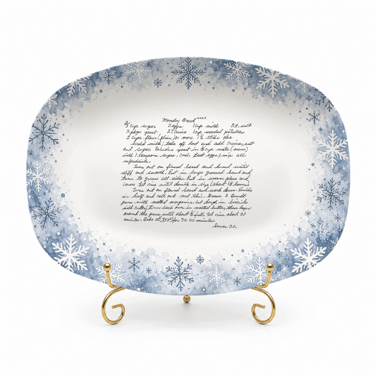 Handwritten Recipe Platter with Blue Snowflake Border
