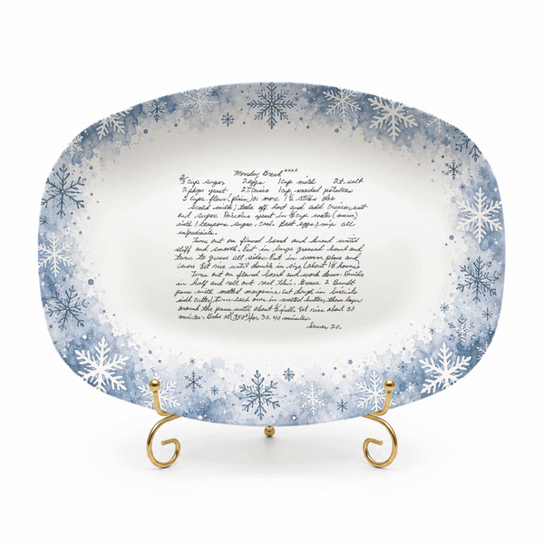 Handwritten Recipe Platter with Blue Snowflake Border