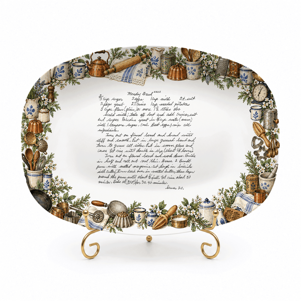 Handwritten Recipe Platter with Vintage Kitchen Item Border