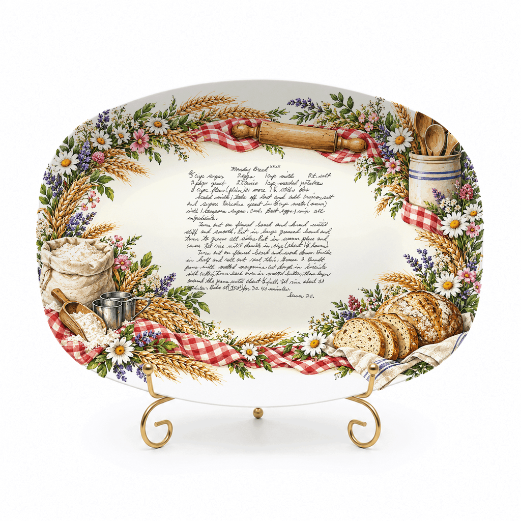 Handwritten Recipe Platter with Bread and Wildflower Border