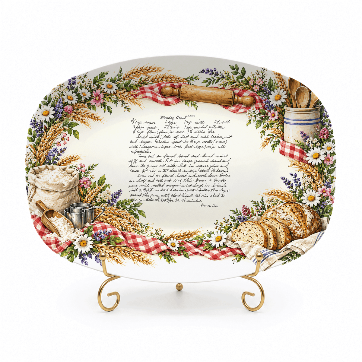 Handwritten Recipe Platter with Bread and Wildflower Border