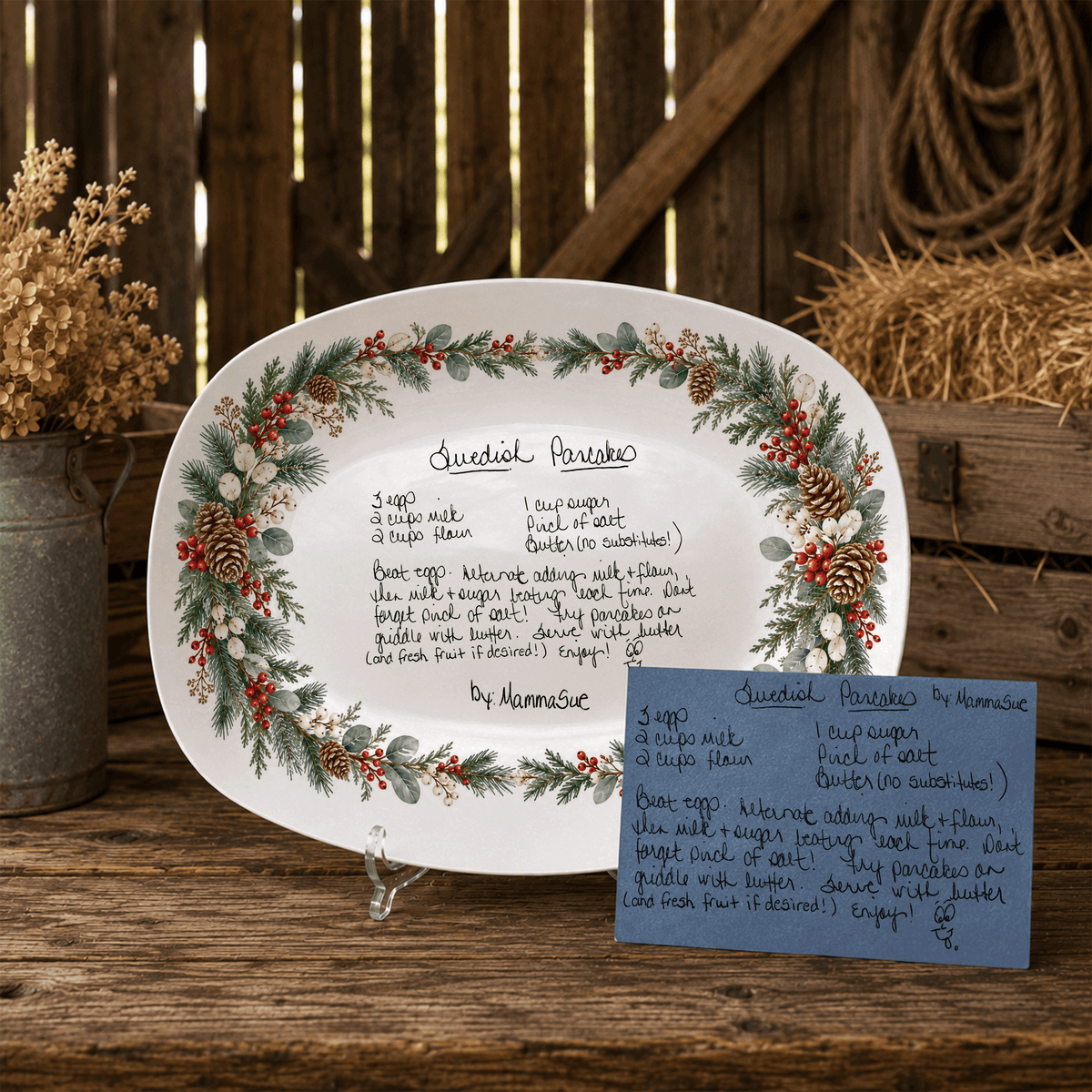 Handwritten Recipe Platter with Evergreen Pinecone & Berry Border