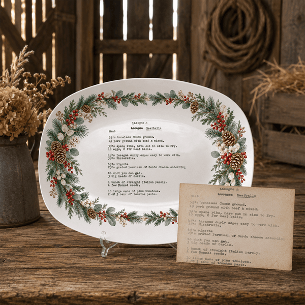 Handwritten Recipe Platter with Evergreen Pinecone & Berry Border