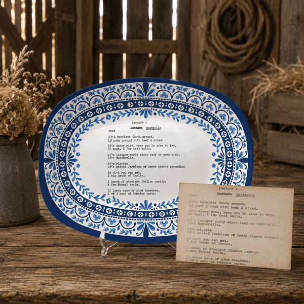 Handwritten Recipe Platter with Heritage Blue Border