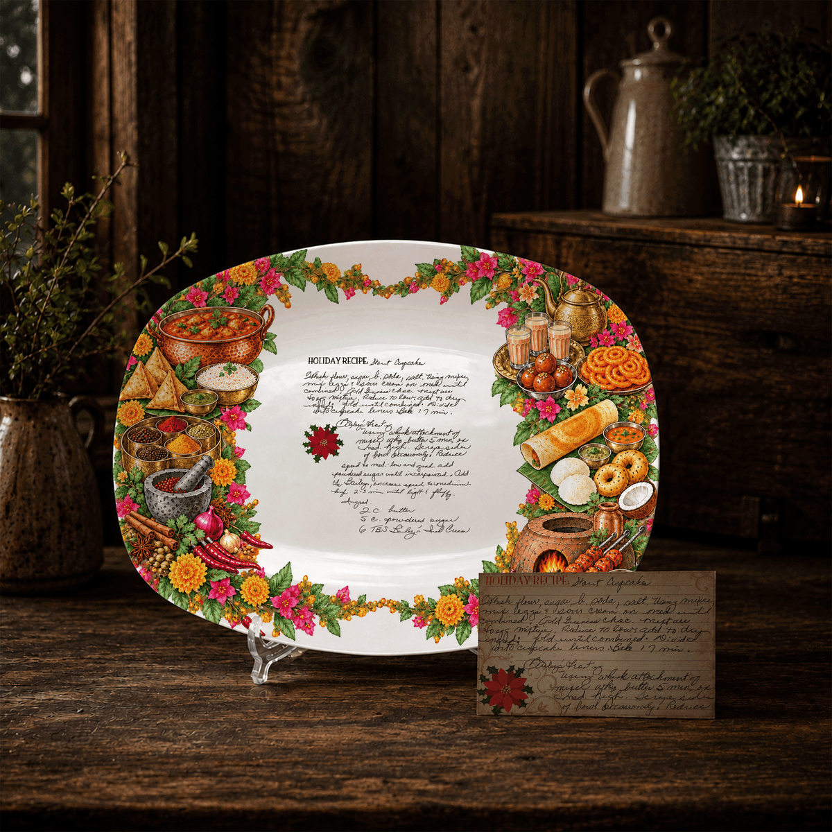 Handwritten Recipe Platter with Vintage Indian Food Border