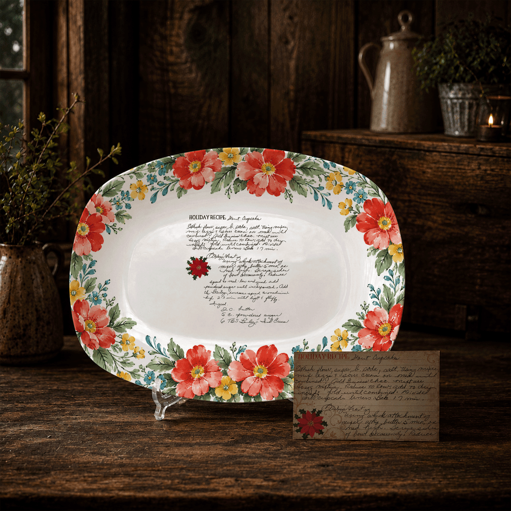 Handwritten Recipe Platter with Red and Teal Watercolor Flower Border