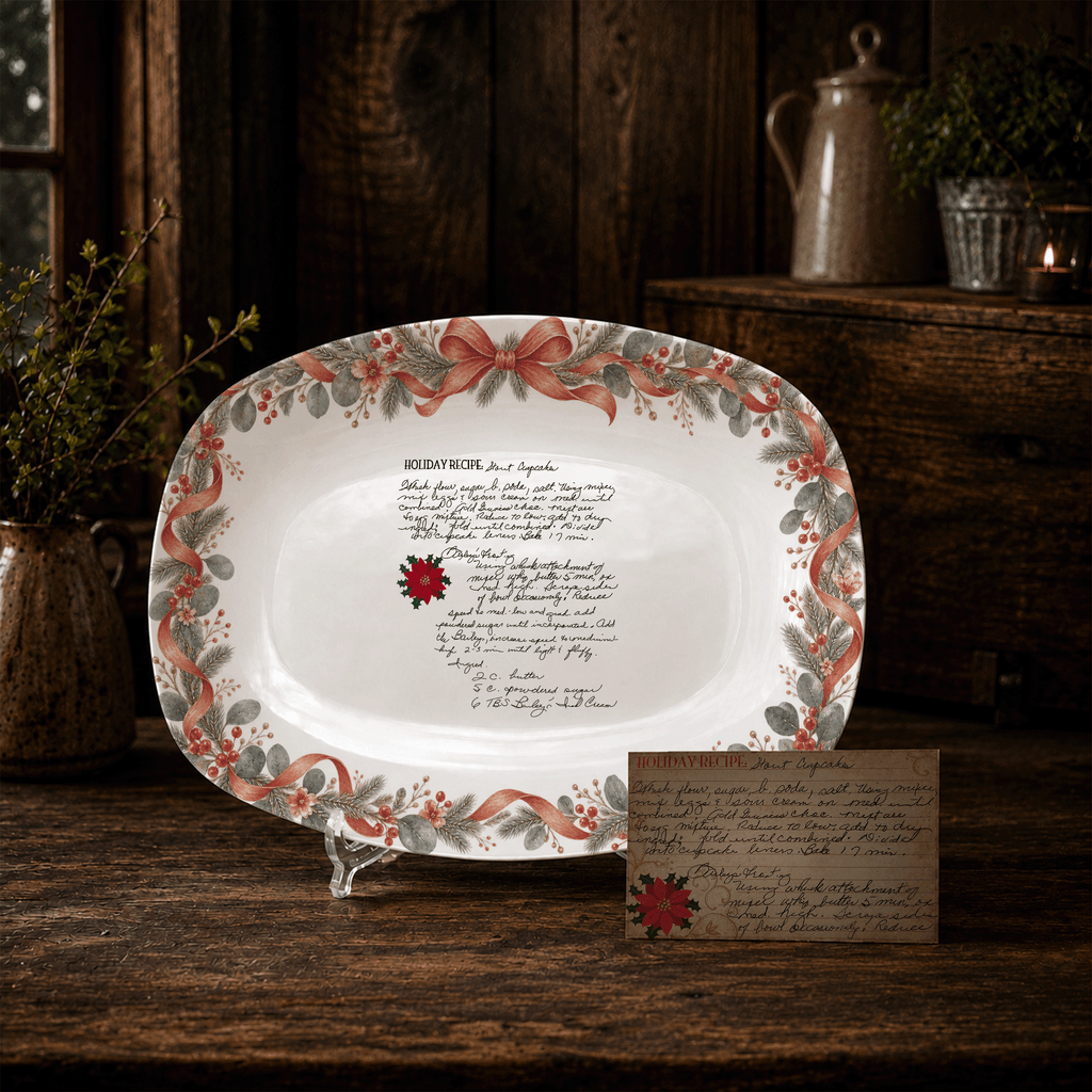Handwritten Recipe Platter with Antique Red Bow Wreath Border