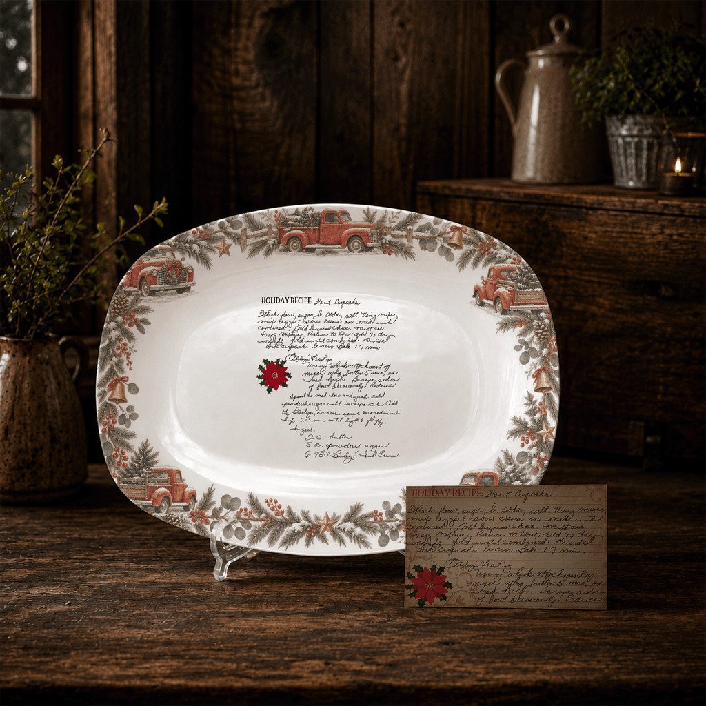 Handwritten Recipe Platter with Vintage Red Truck and Wreath Border