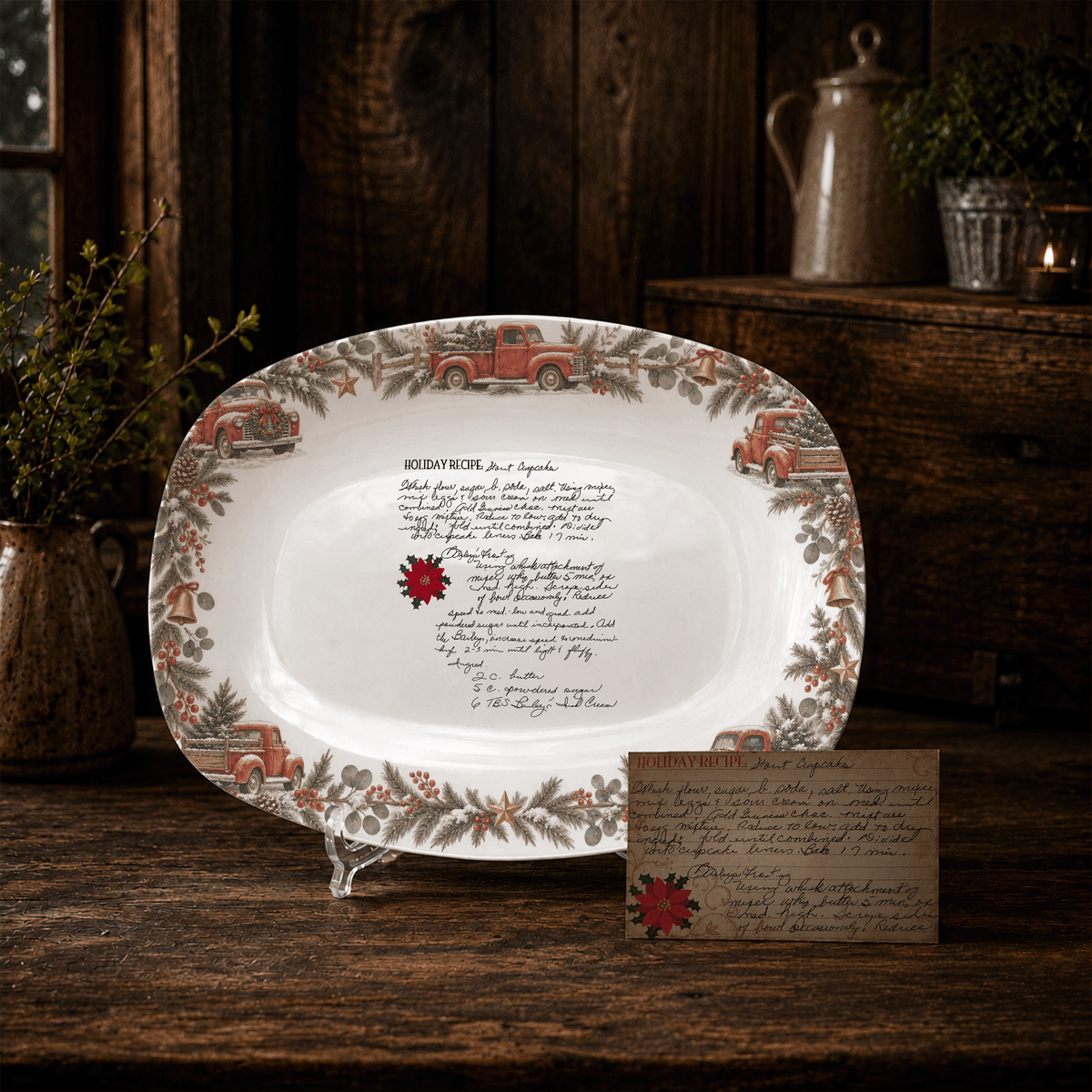 Handwritten Recipe Platter with Vintage Red Truck and Wreath Border