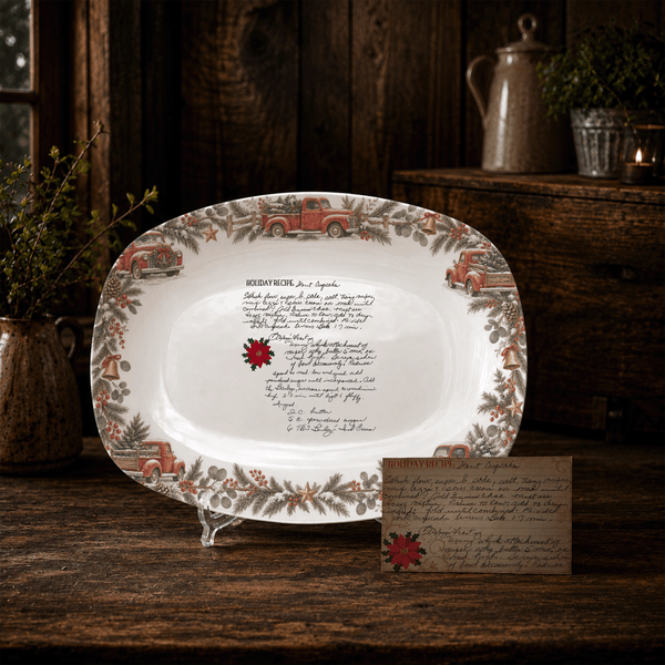 Handwritten Recipe Platter with Vintage Red Truck and Wreath Border