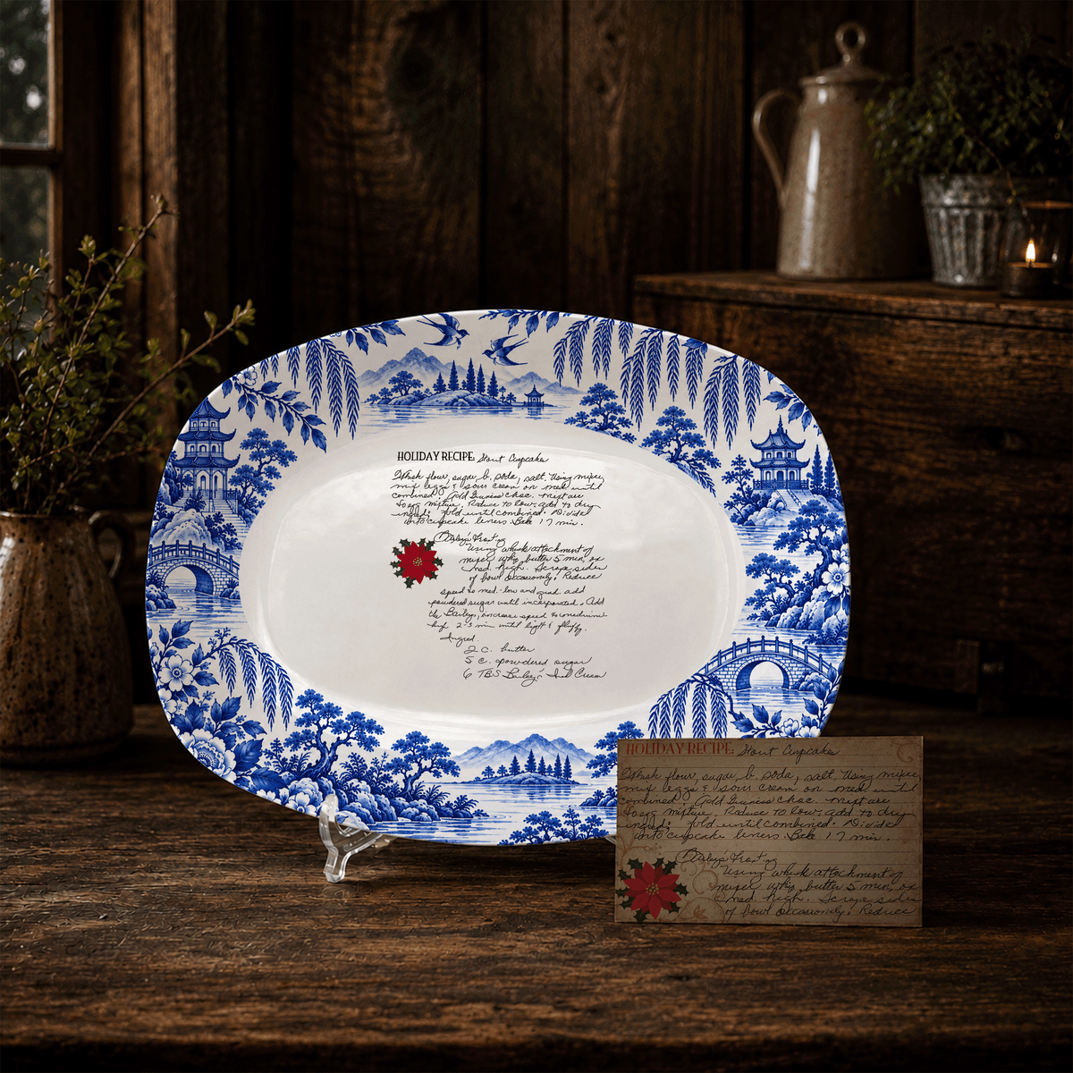 Handwritten Recipe Platter with Antique Blue Willow Border