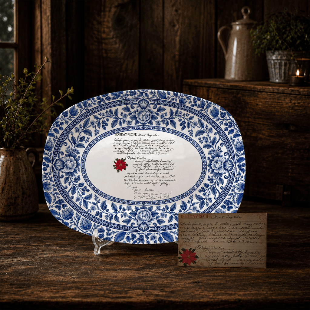 Handwritten Recipe Platter with Blue Antique Botanical Border