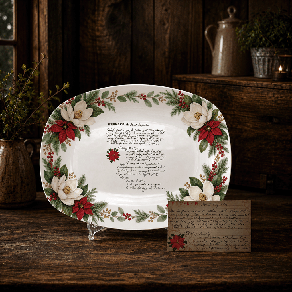 Handwritten Recipe Platter with Southern Holiday Magnolia Border