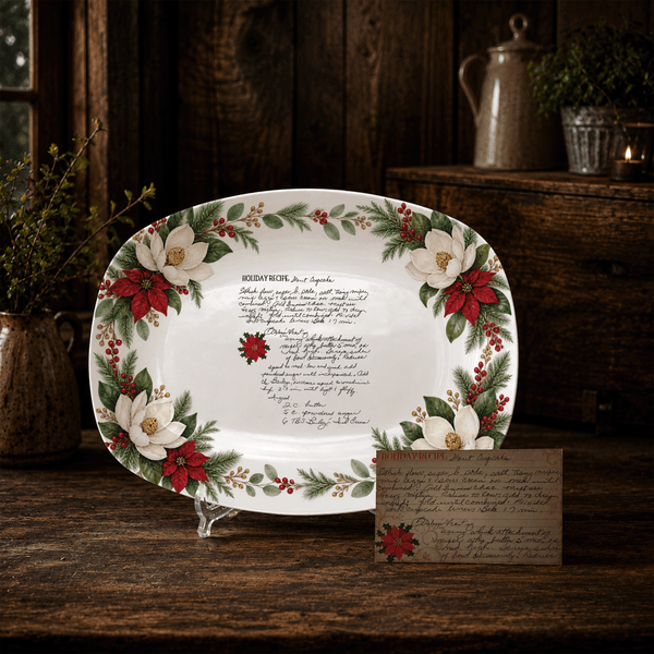 Handwritten Recipe Platter with Southern Holiday Magnolia Border