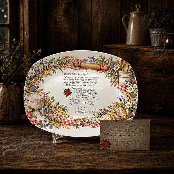 Handwritten Recipe Platter with Bread and Wildflower Border