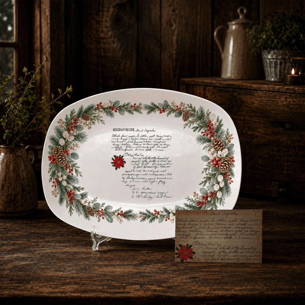 Handwritten Recipe Platter with Evergreen Pinecone & Berry Border