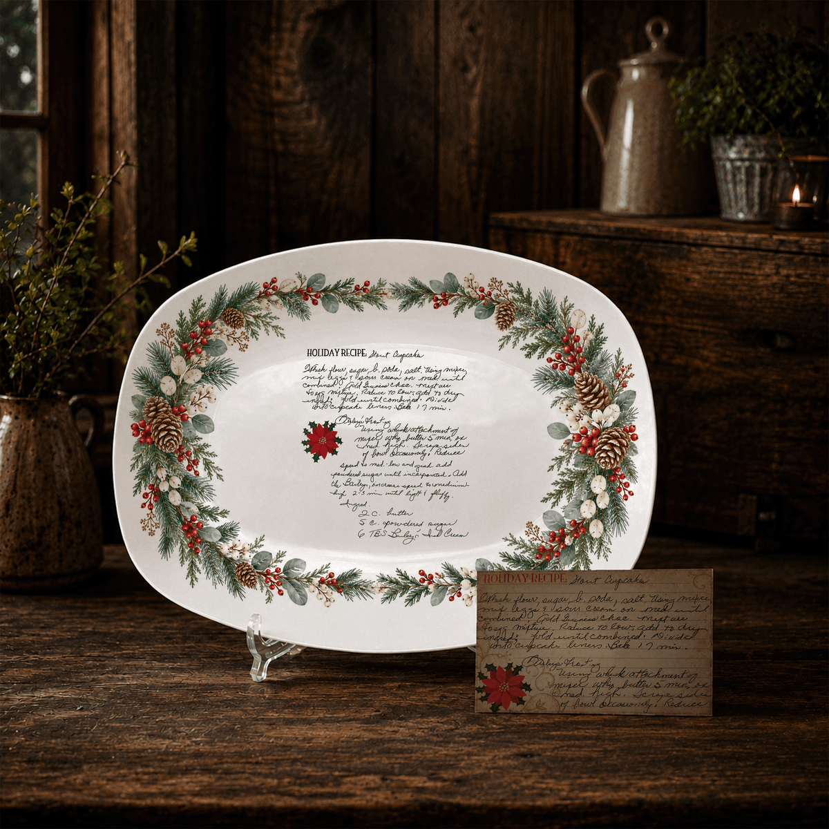 Handwritten Recipe Platter with Evergreen Pinecone & Berry Border